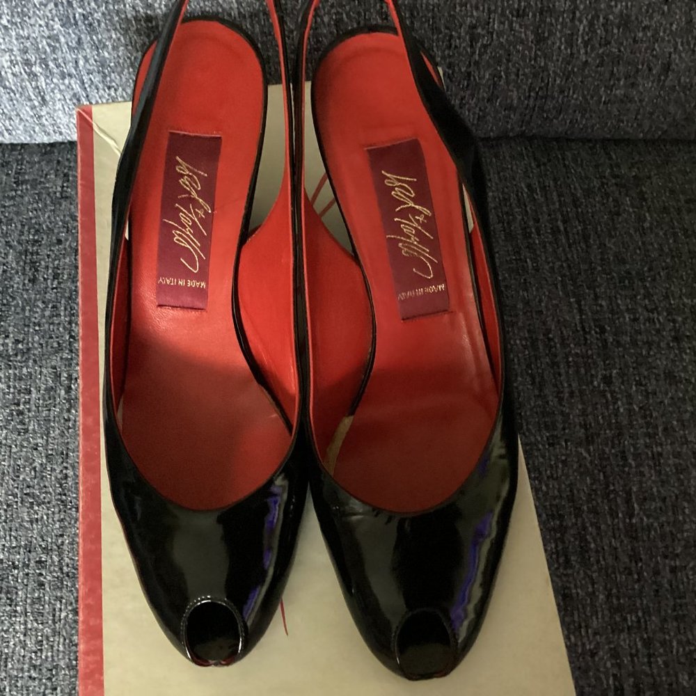 Preowned Lord & Taylor wedge Black patent sling back-7